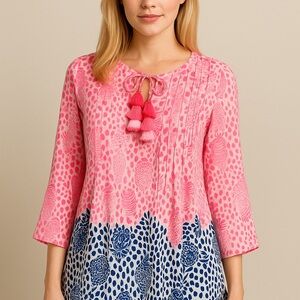 Lilly Pulitzer Boho Tassel Peasant Top – Pink & Blue‎ Seashell Print – Size M